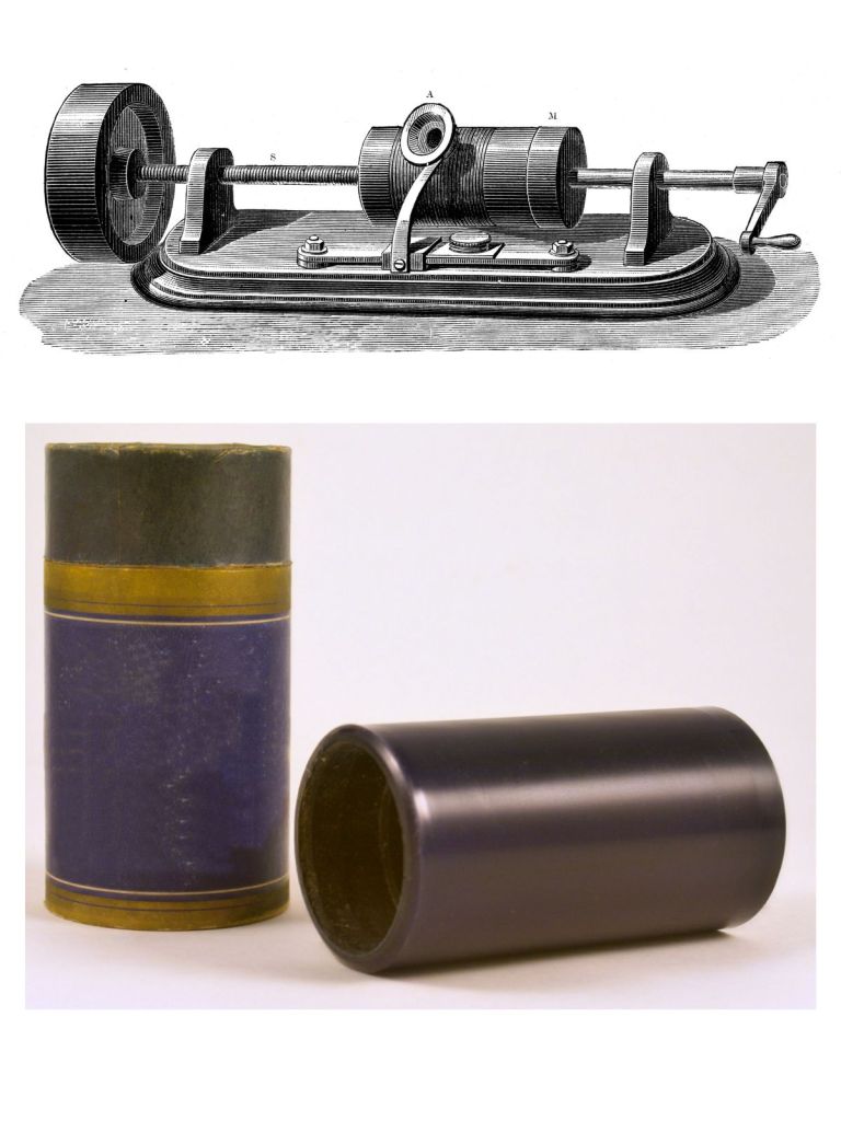 El primer modelo de fonógrafo diseño por Edison y patentado en 1877. Abajo cilindros fonográficos de Wax Records
